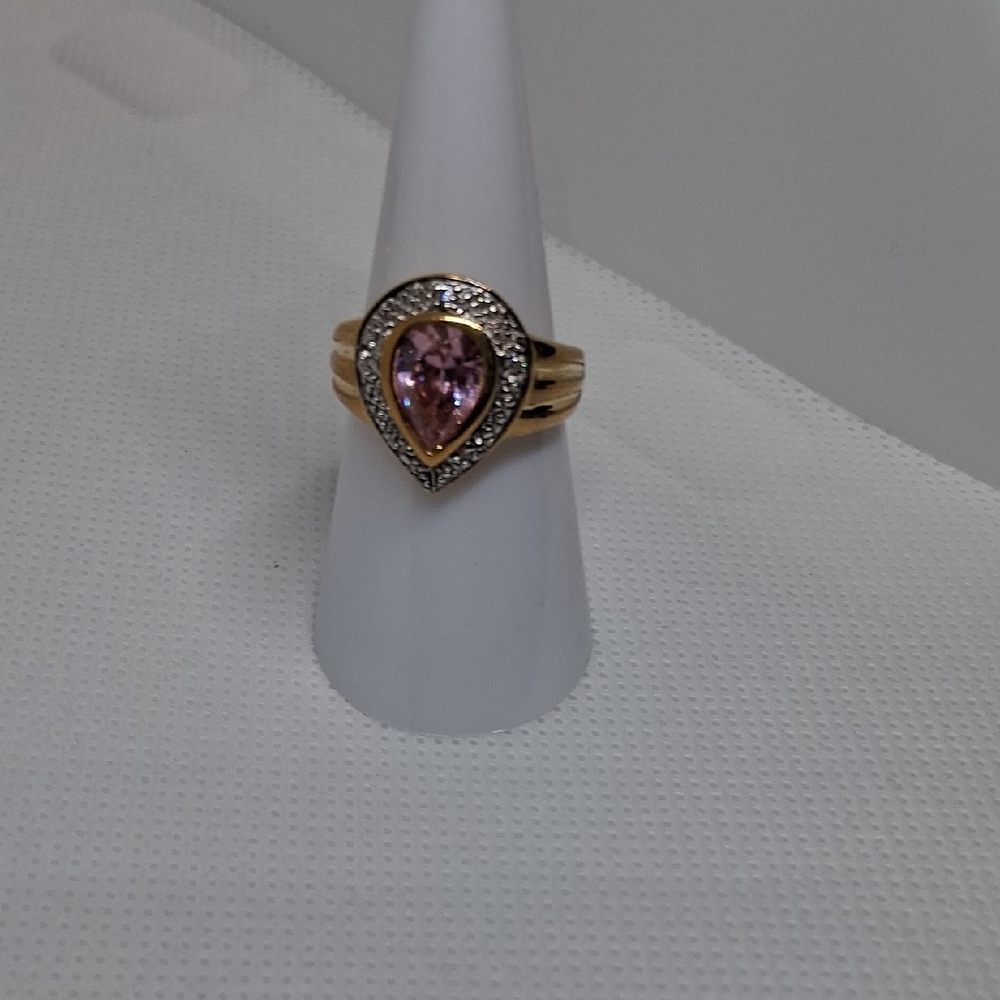 14 K Gold Vermeil and 1.5 CT BUBBLE GUM Sapphire & CZ Teardrop Ring